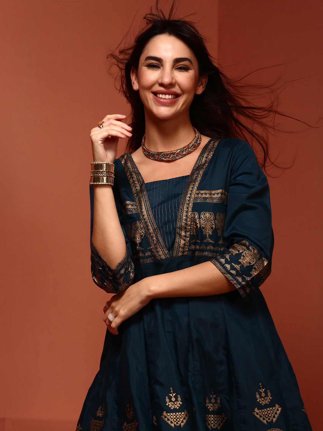 Teal Printed Shantoon Kalidar  Kurta