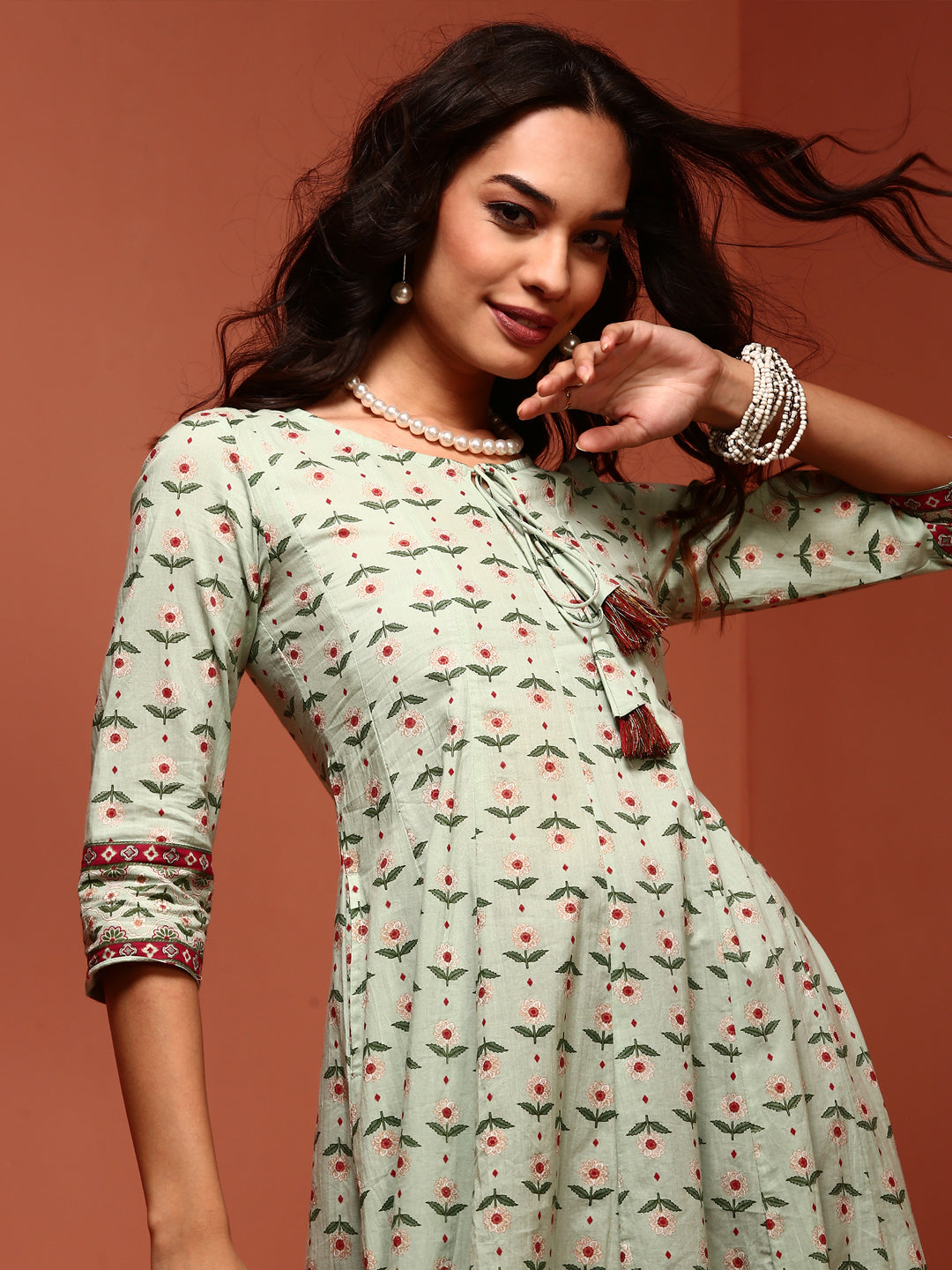 Mint Printed Pure Cotton Kalidar Kurta