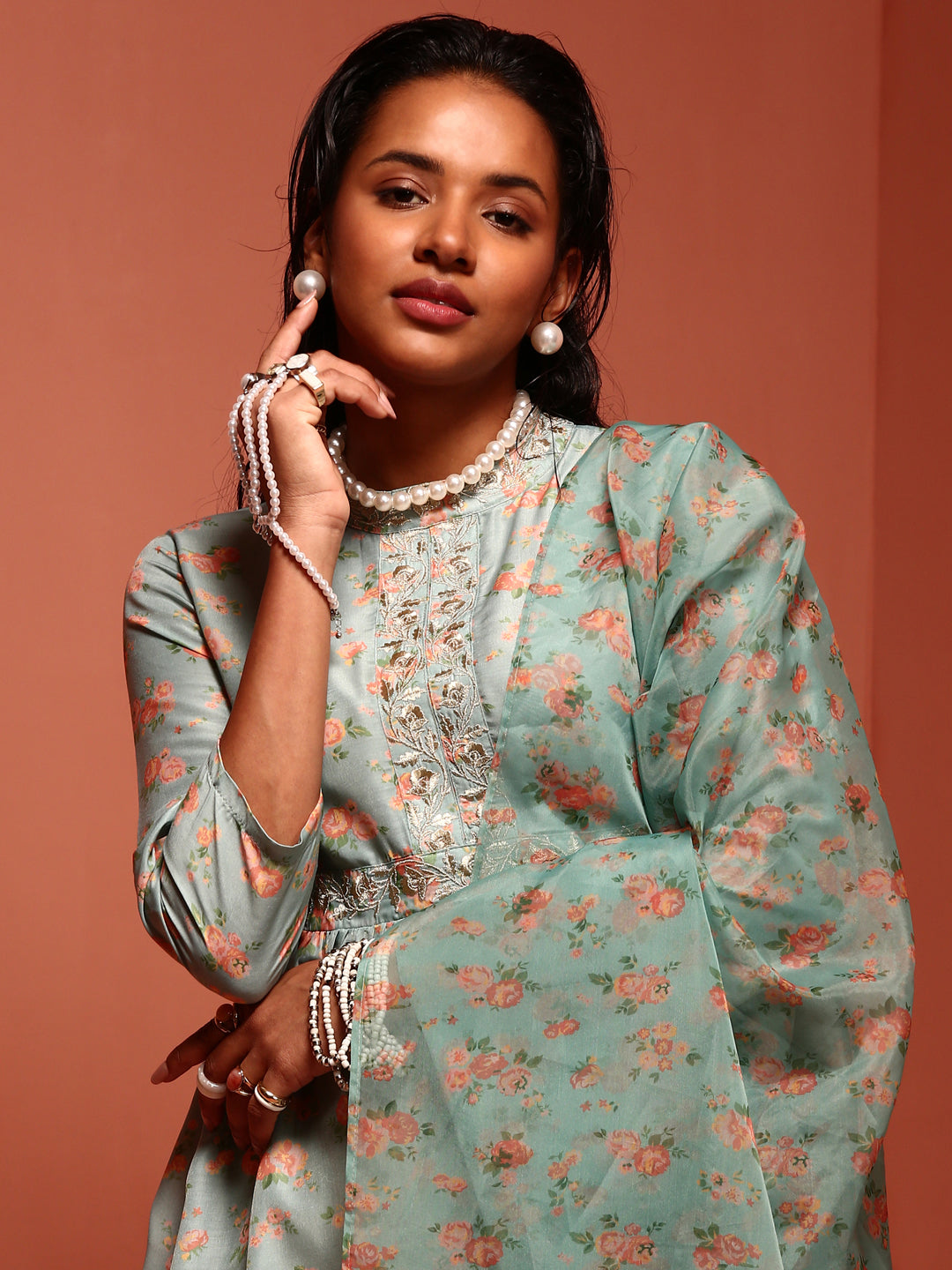 Mint Printed Muslin Gathered Kurta Set