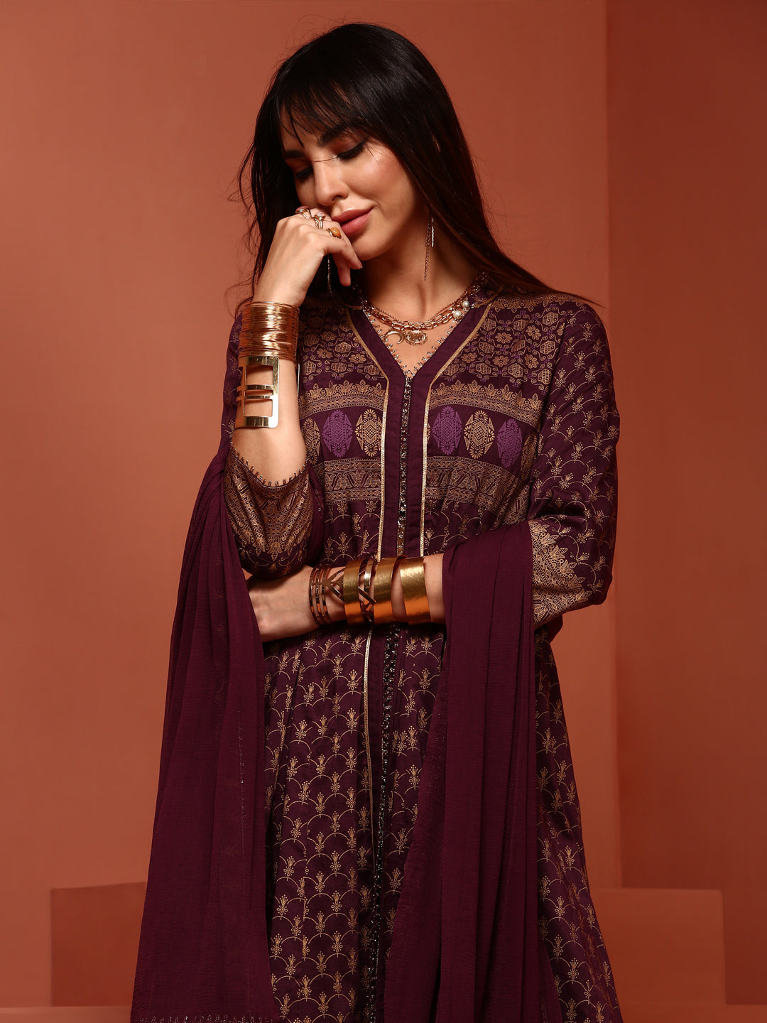 Kalidar Purple Printed Kurta Set