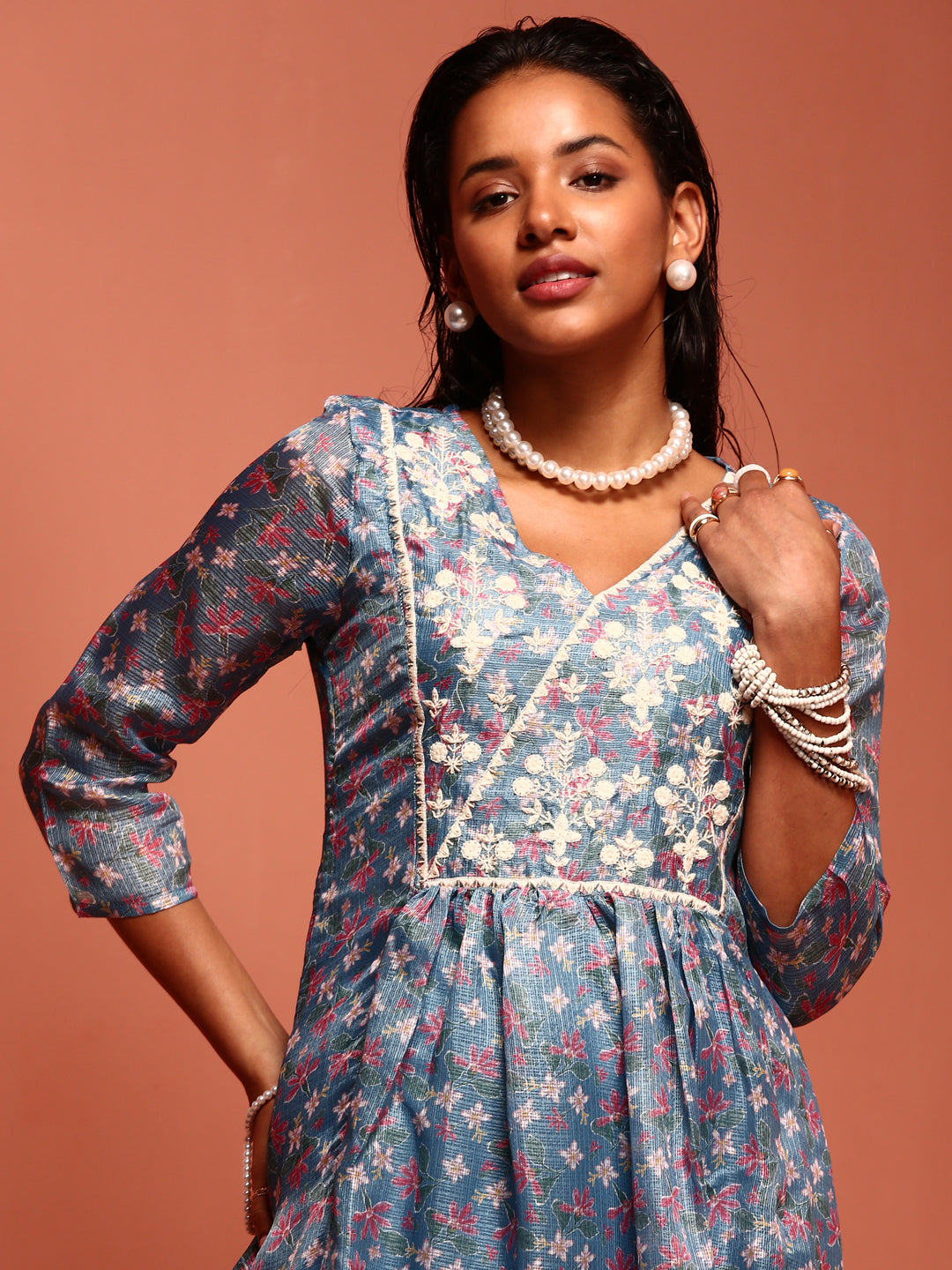 Blue Kota Embroidered Kurta Set