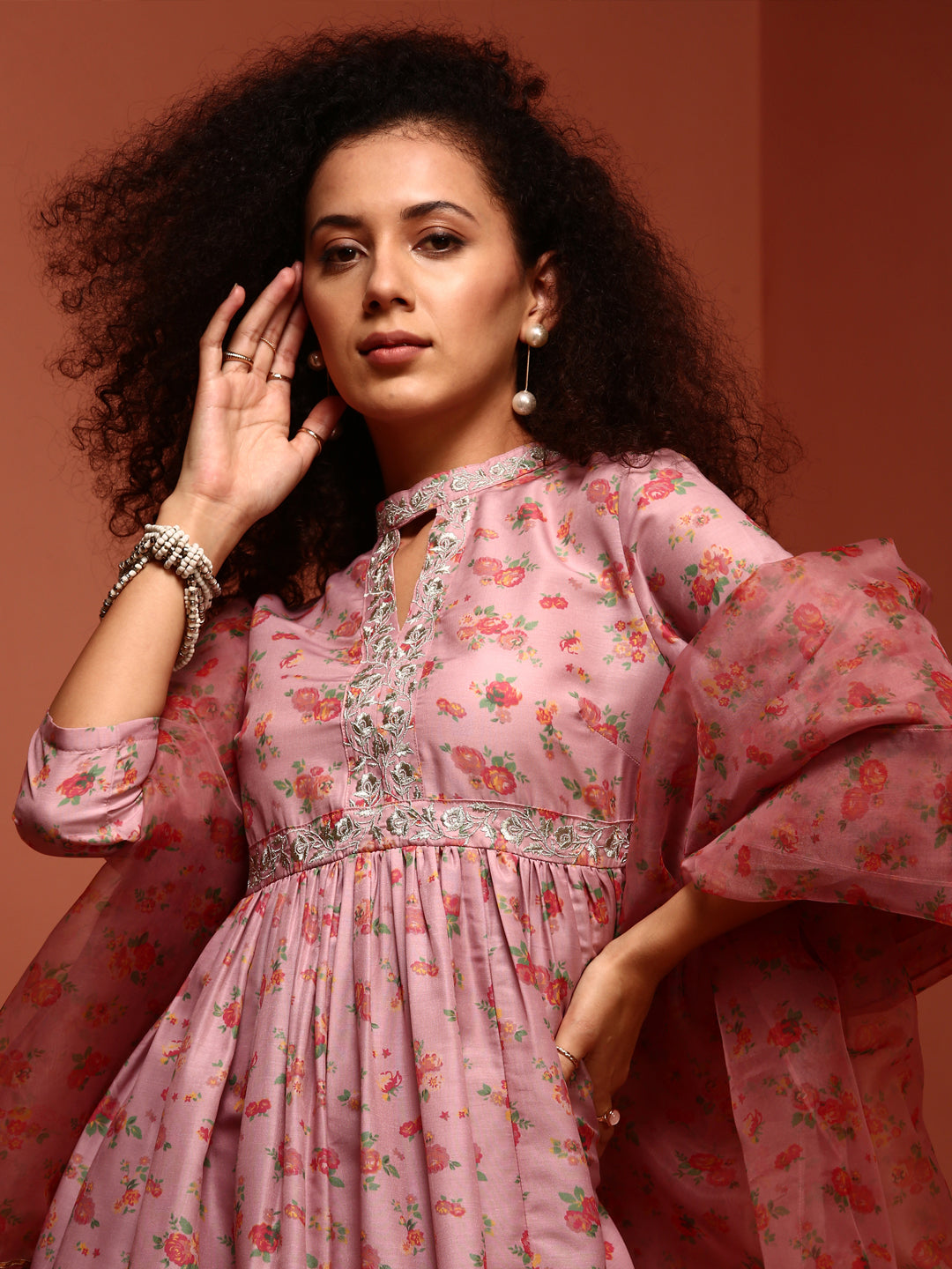 Peach Floral Gathered Printed Kurta Set