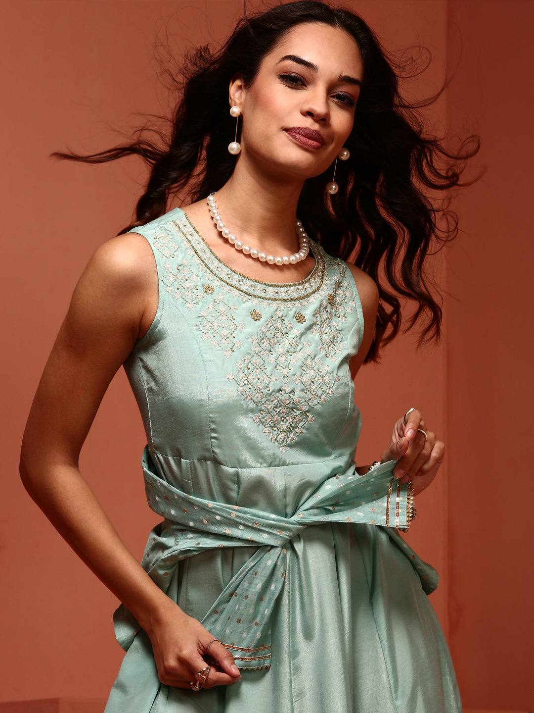 Mint Kalidar Dress With Jacket