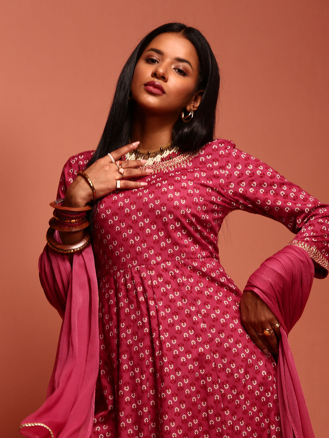 Dark Pink Printed Kurta Set