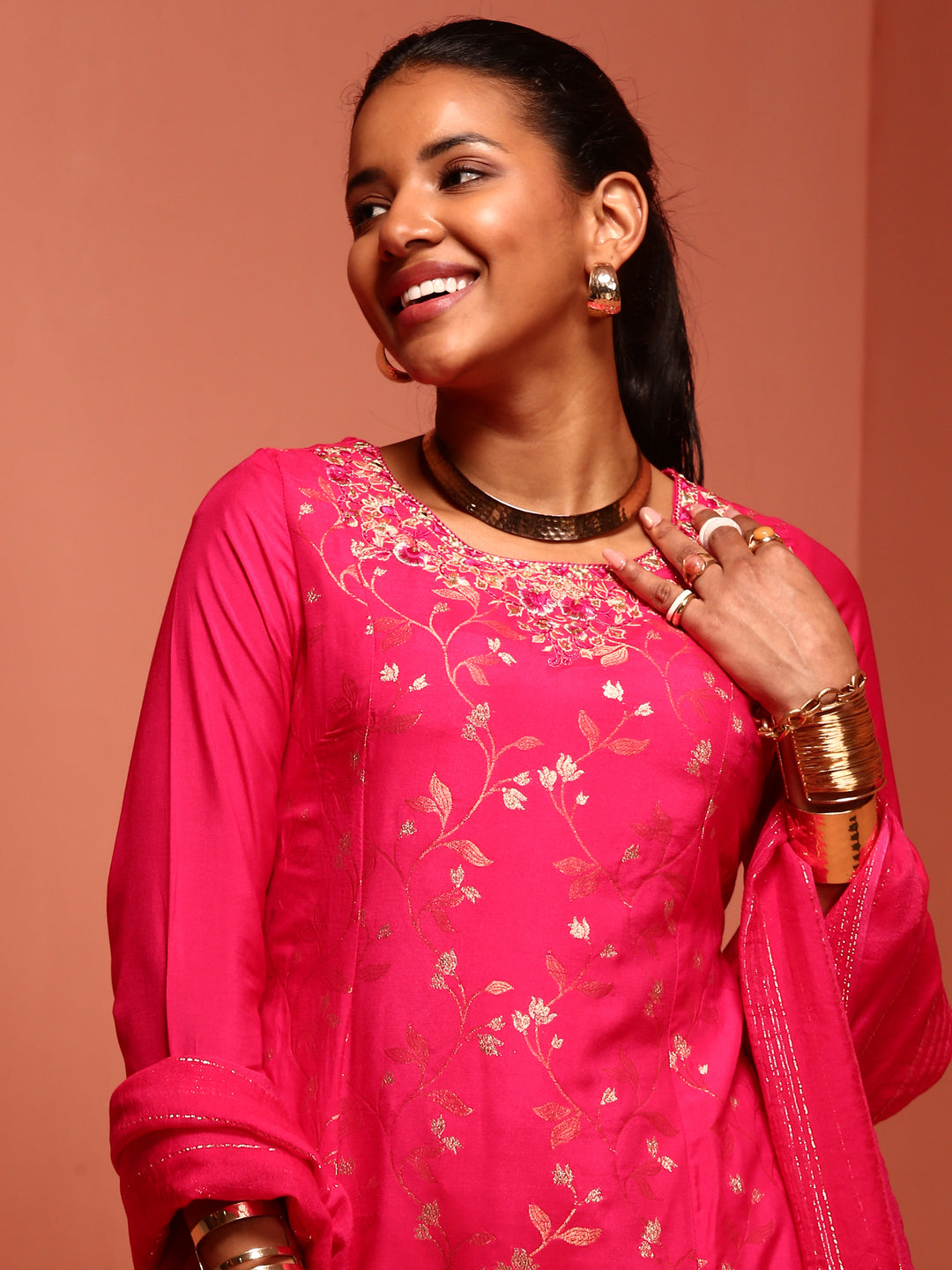 Fuchsia Chanderi Jaquard A-Line Kurta