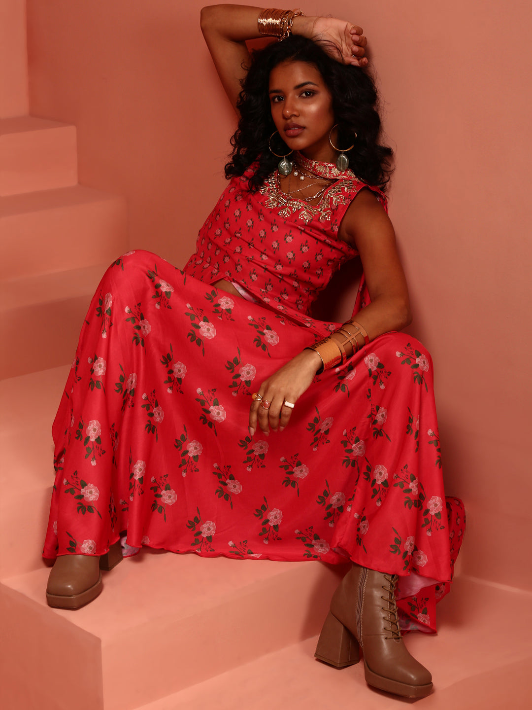 Coral Printed Muslin Kurta & Lehenga Set