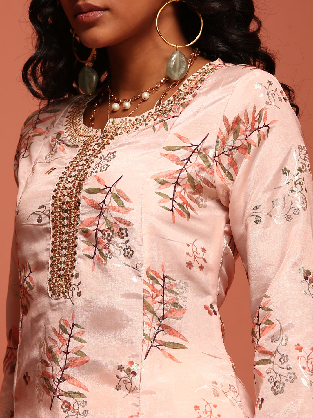 Peach Printed A-Line Kurta Set