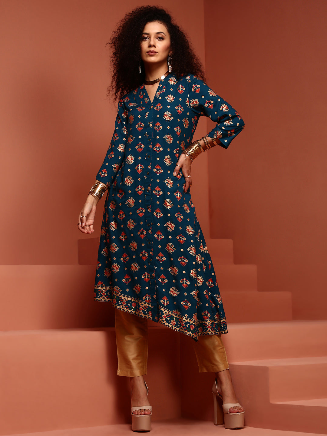 Navy Blue Asymmetric Printed Kurta