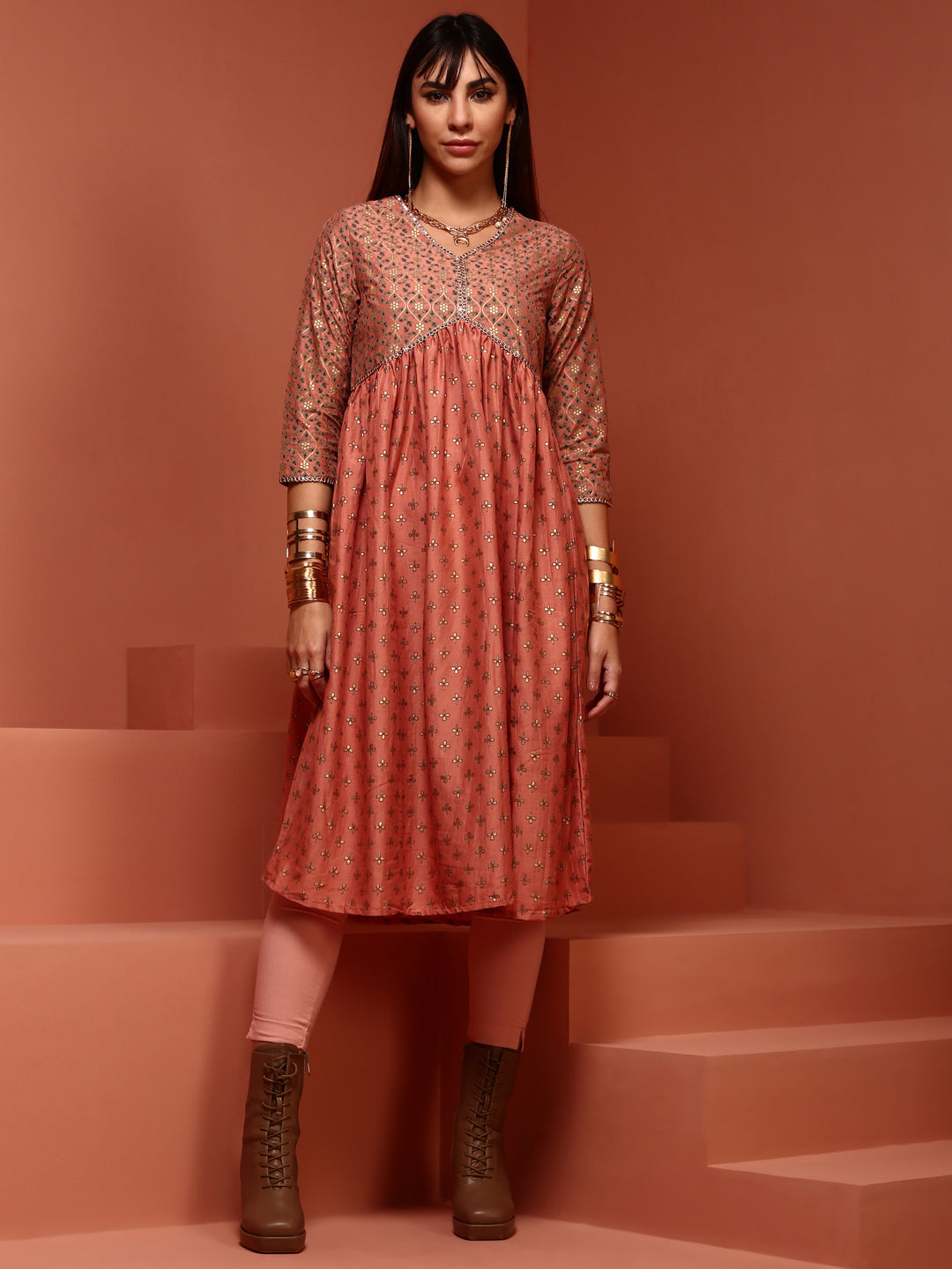 Peach Printed Gathered Kurta