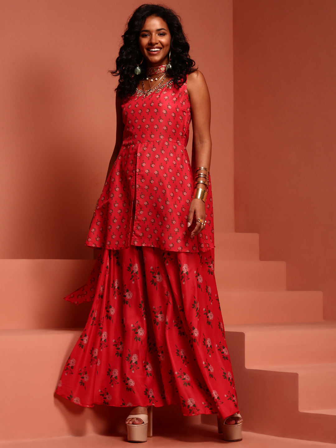 Coral Printed Muslin Kurta & Lehenga Set