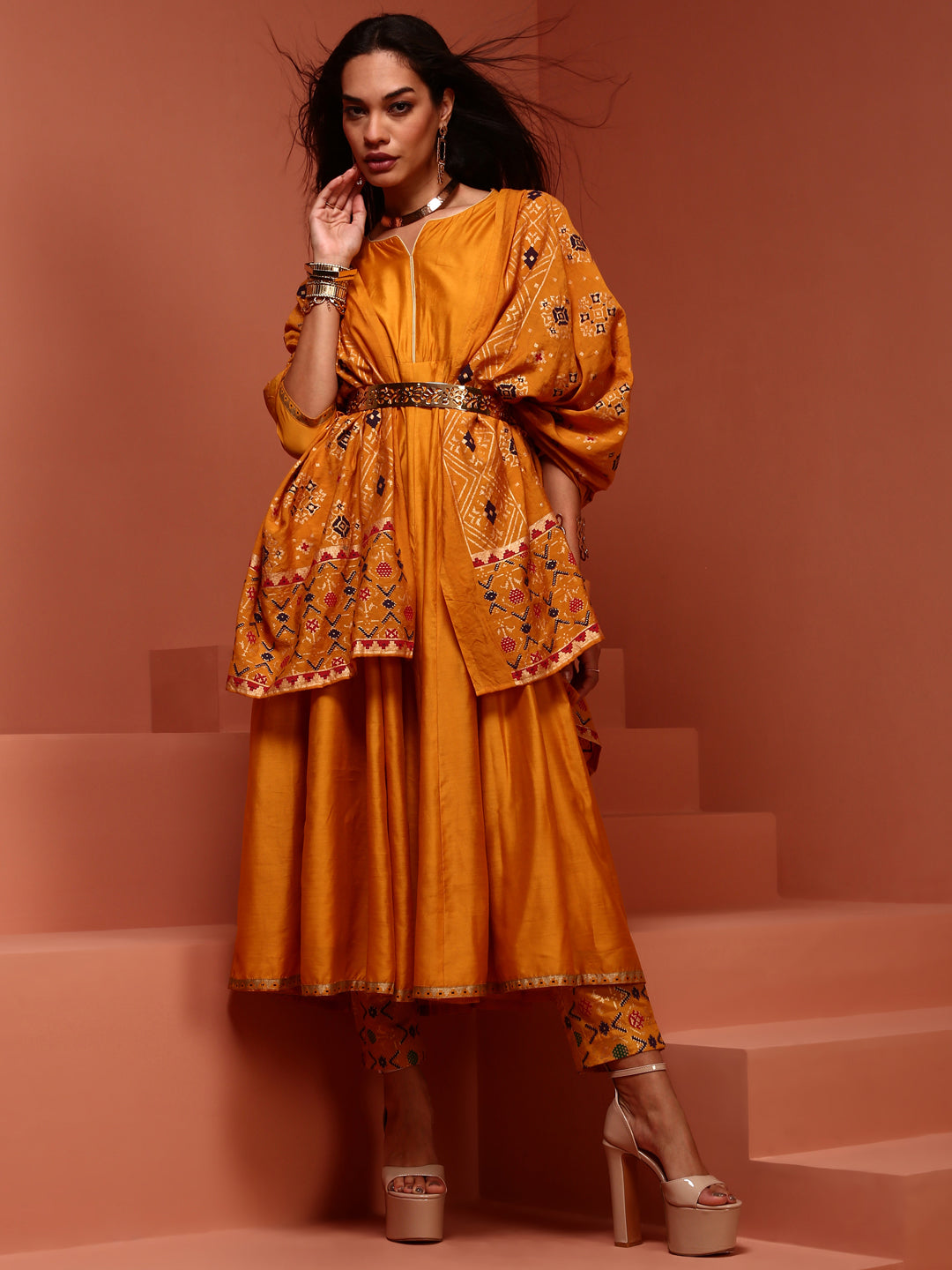 Mustard Solid Chanderi Anarkali Set