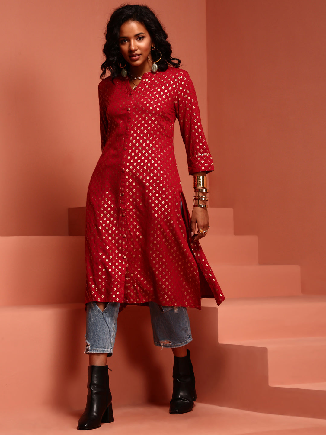 Fuchsia Printed Asymmetric Kurta