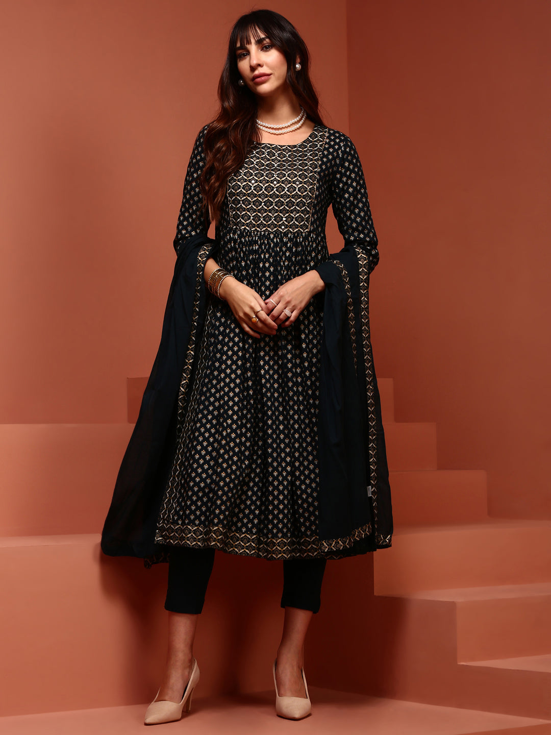 Navy Printed Gathered Kurta Set