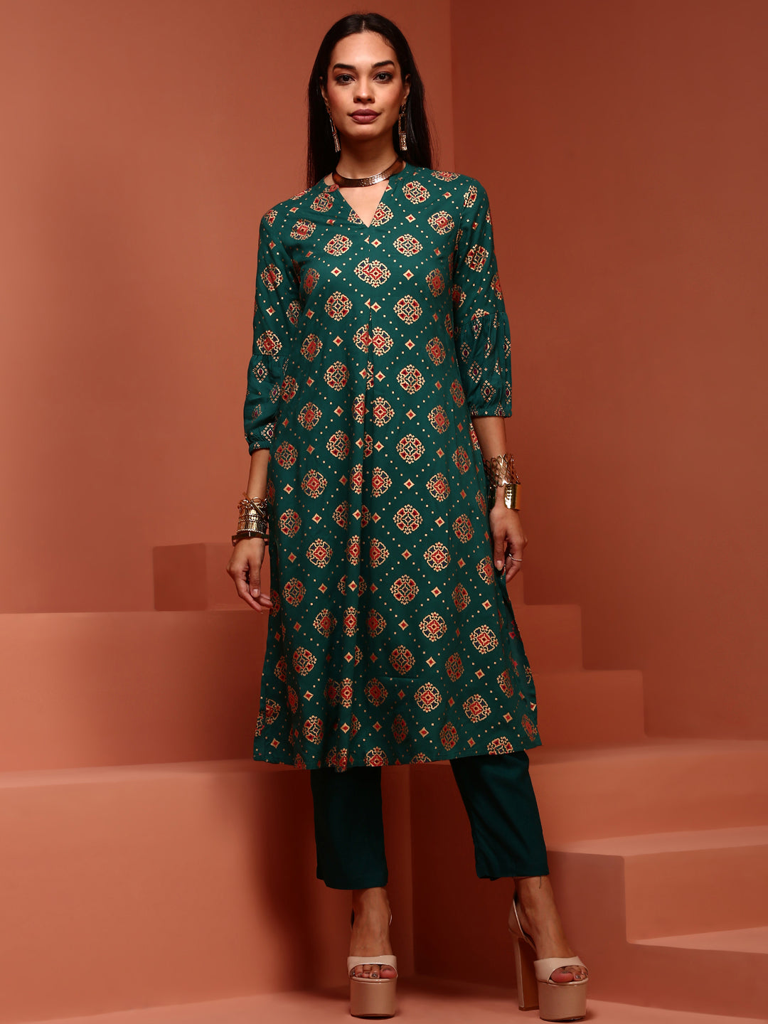 Green Printed A-line Kurta