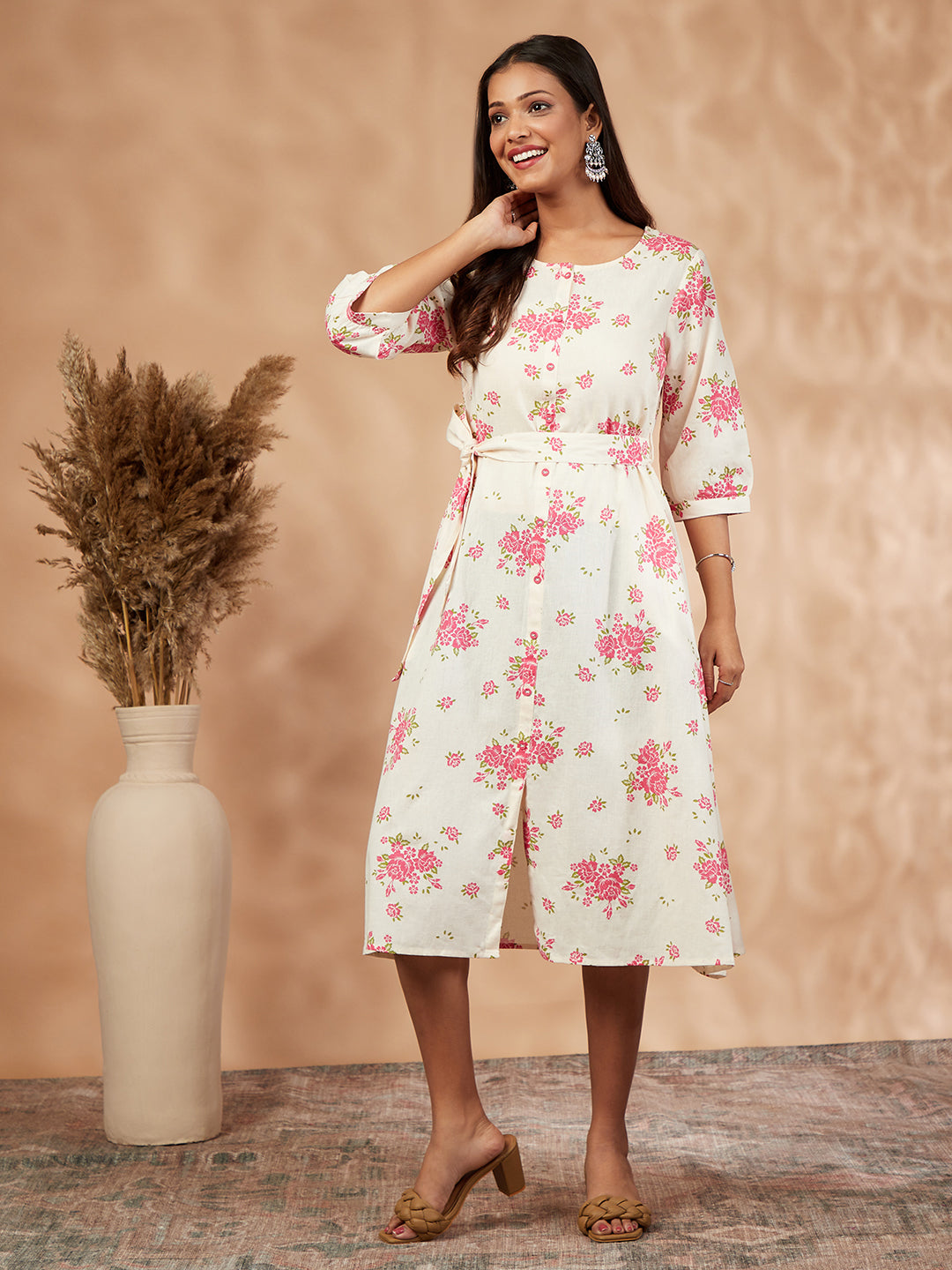 Off-White Floral Print A-Line Dress