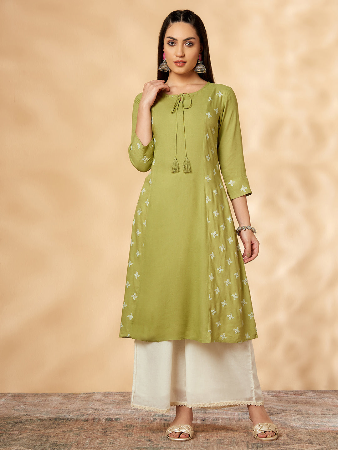 Printed A-line Lime Green Kurta