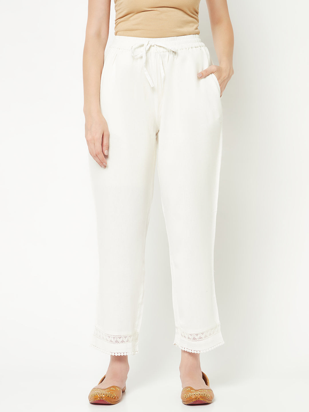 White Straight Trousers With Laced Hem