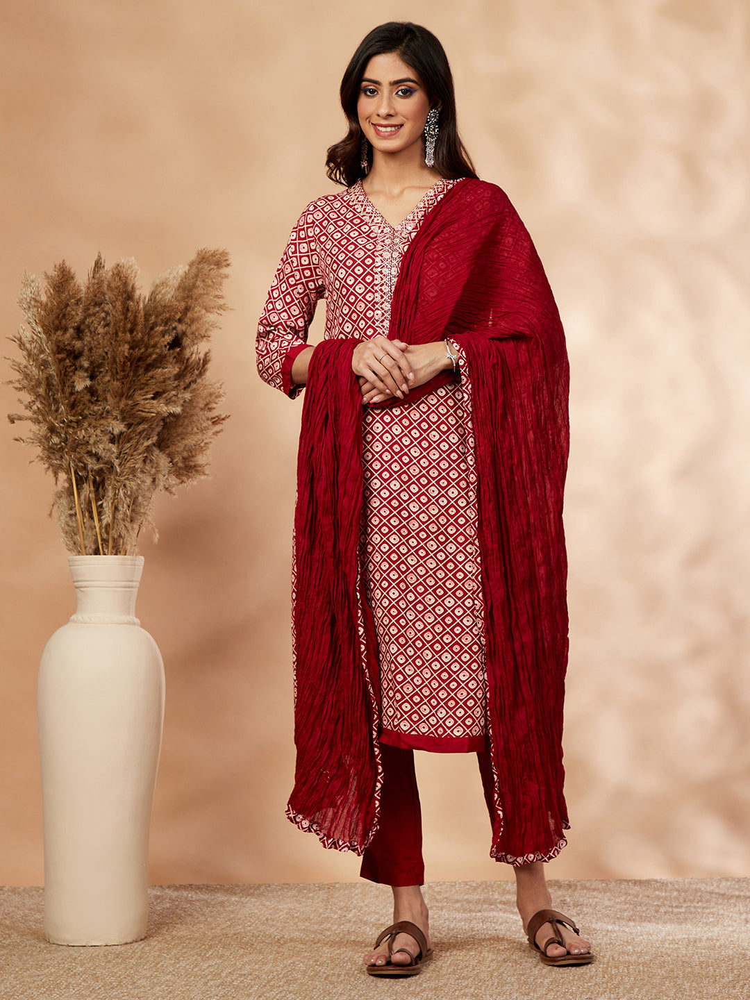 Red Printed A-Line Kurta Set