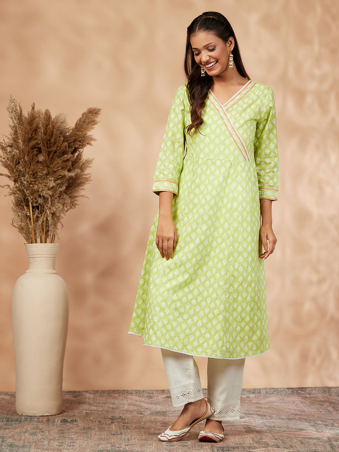 Printed Lime Green Gathered  Kurta