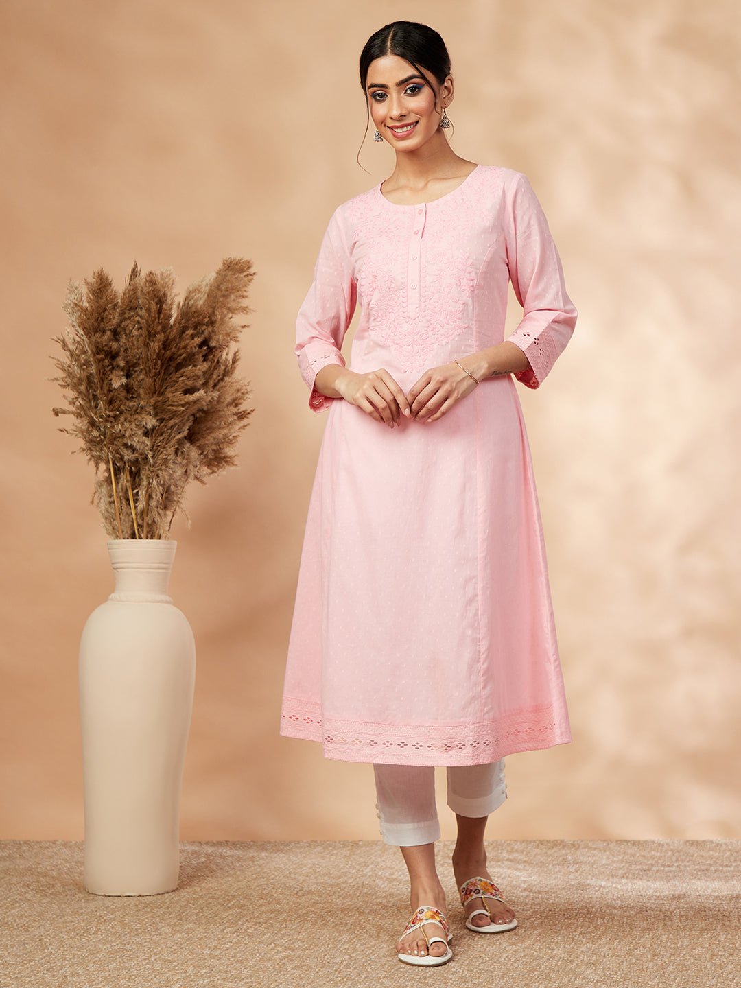 Embellished Light Pink Straight Kurta