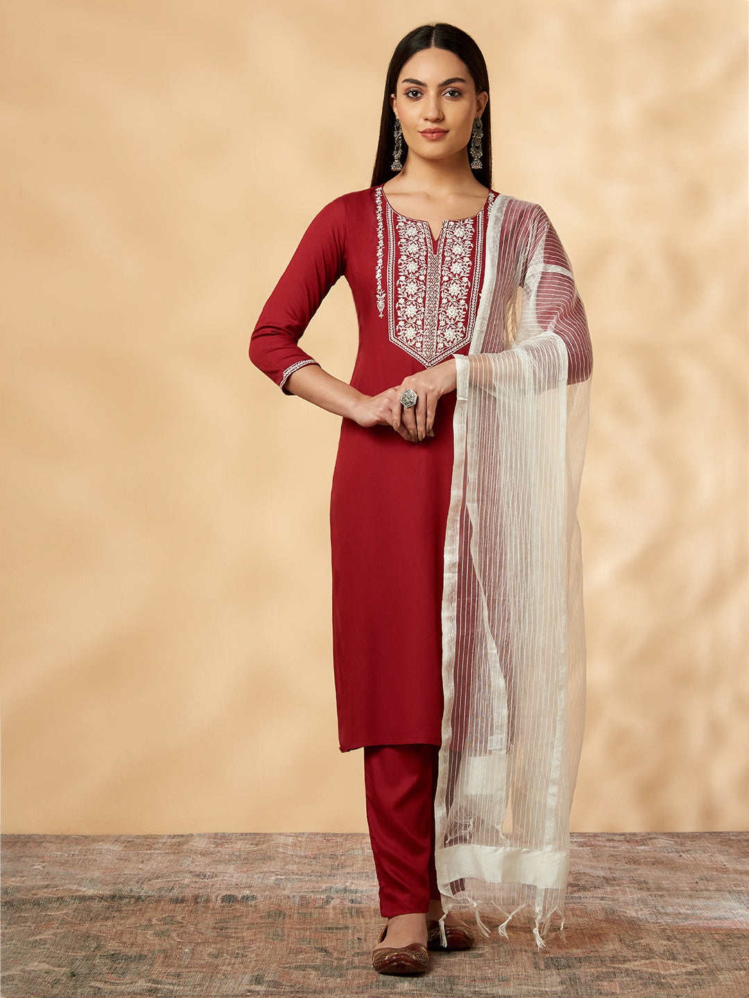 Maroon Embroidered Straight Kurta Set