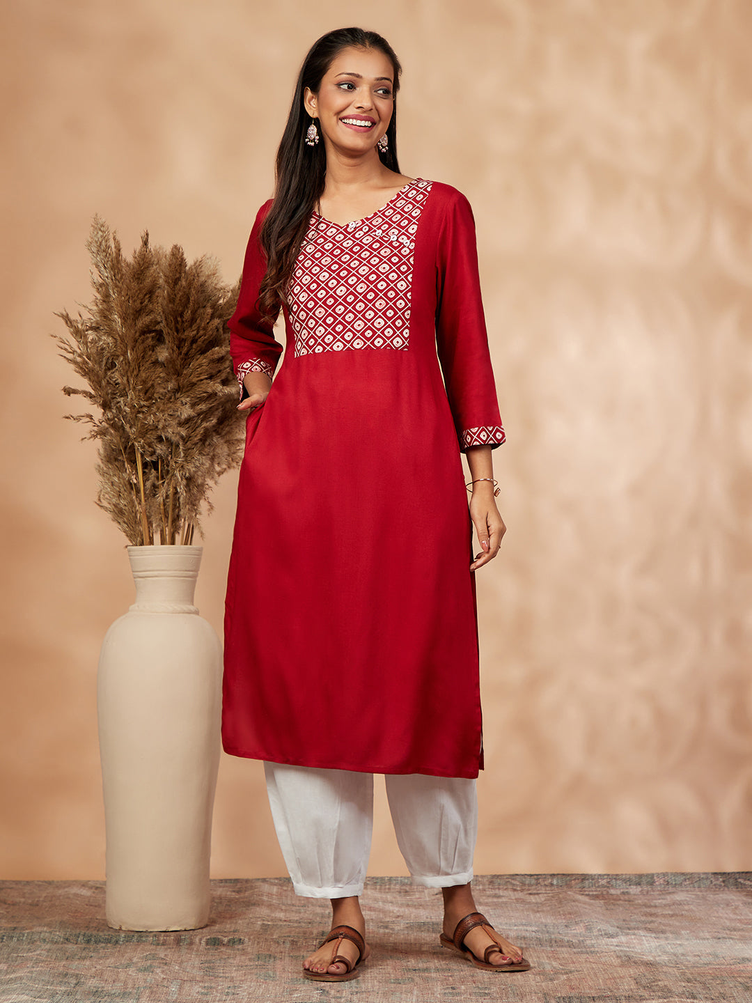 Printed Red Straight Kurta