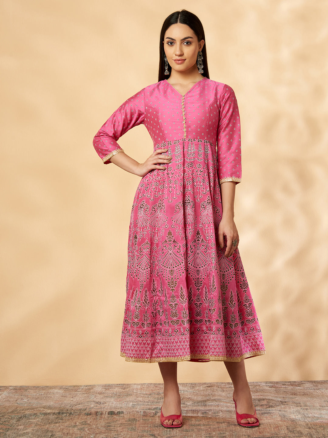 Pink Printed Kalidar Dress