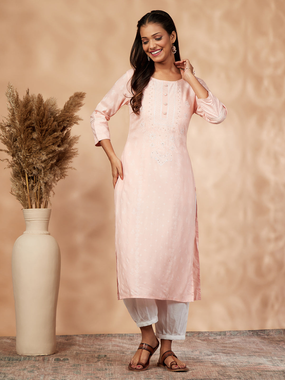 Light Pink Printed Straight Kurta