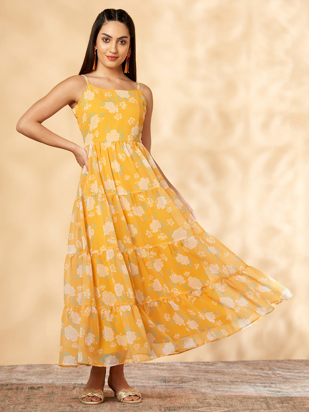 Floral Yellow Printed Tiered Dress