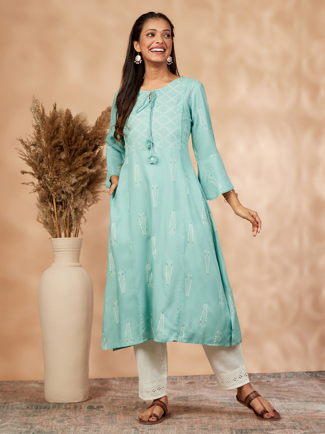 Sage Green Printed A-Line Kurta