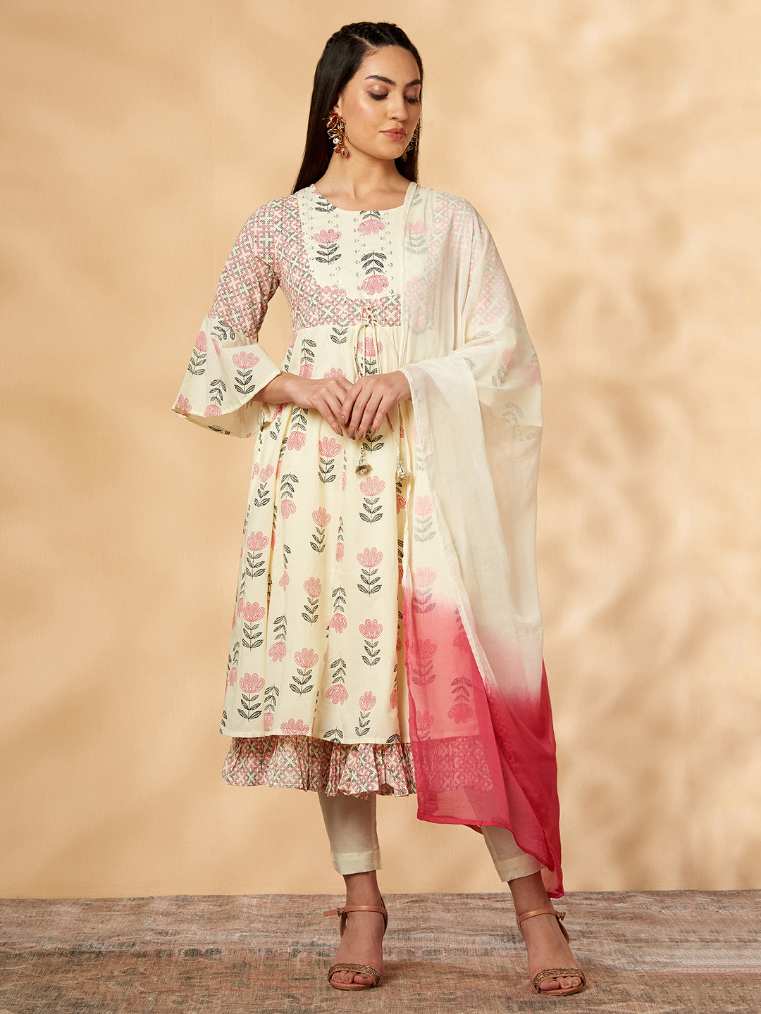 Off-White Printed Anarkali Kurta Set