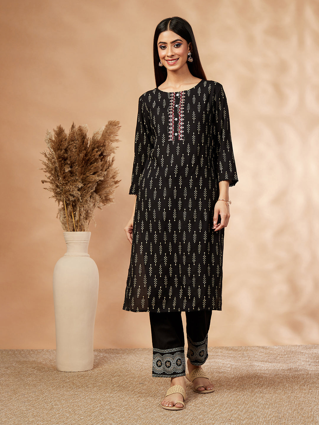 Printed Straight Black  Kurta