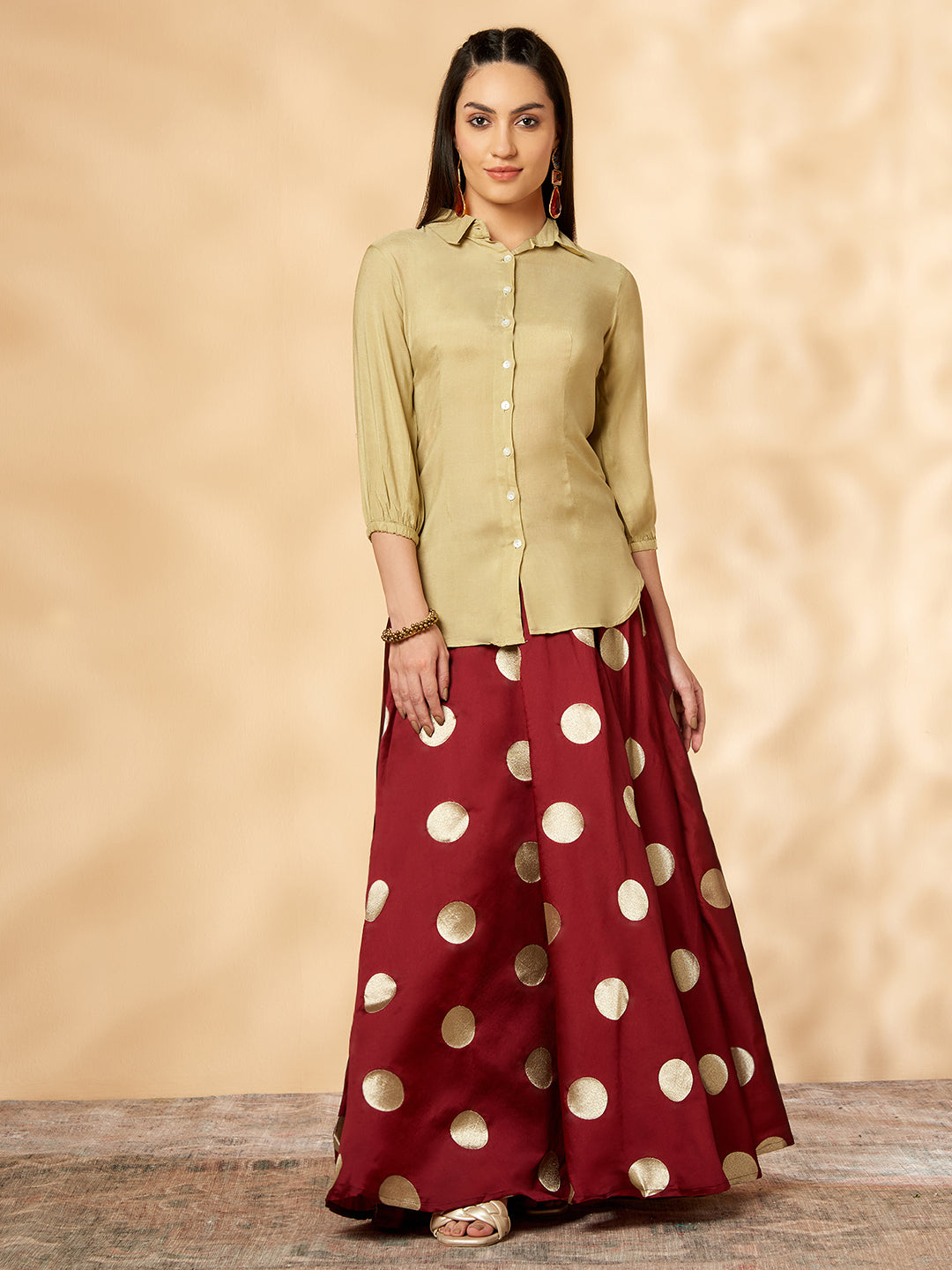Indo-western Beige & Maroon Flared Skirt Set