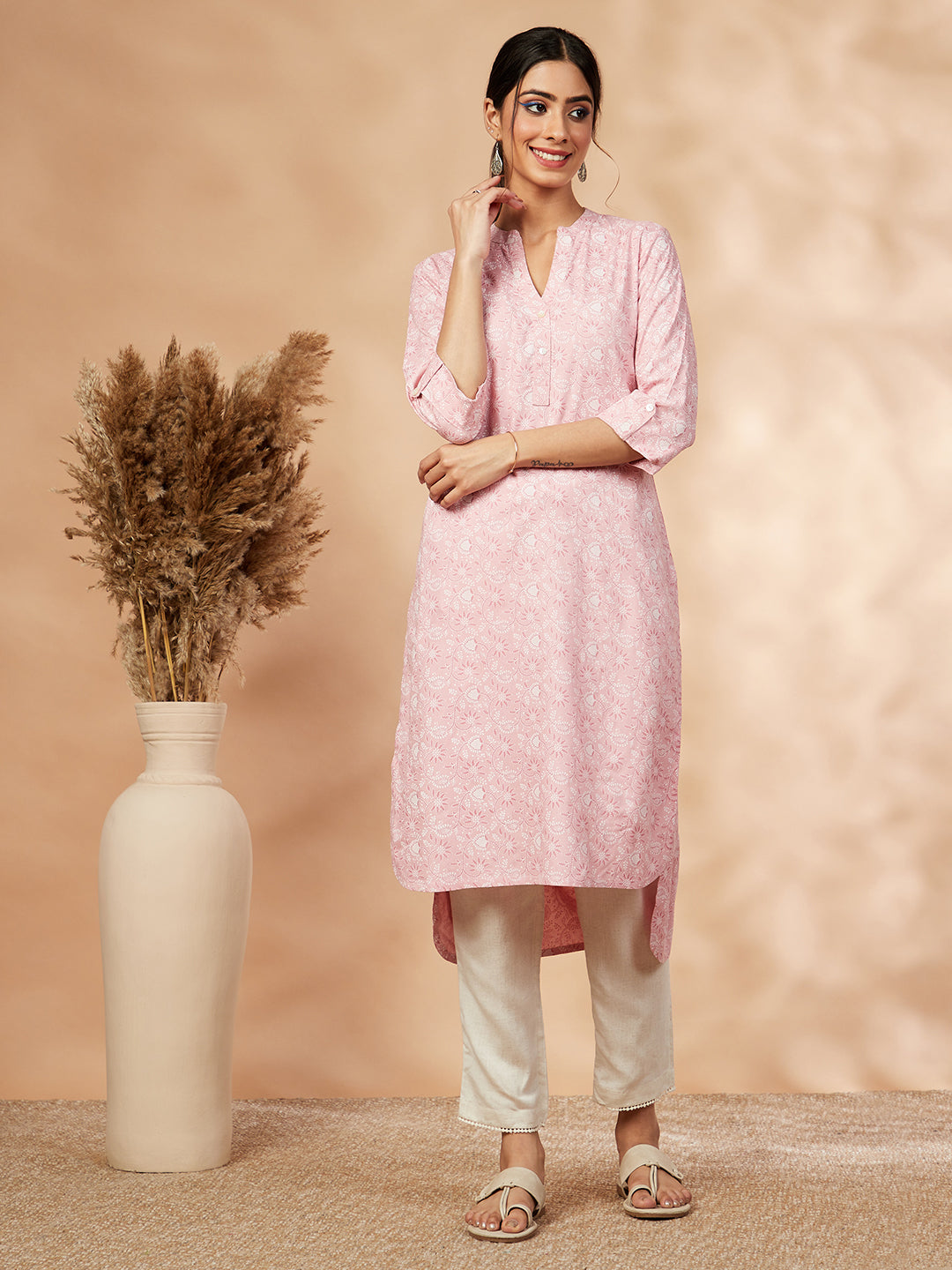 Printed Light Pink Straight Kurta