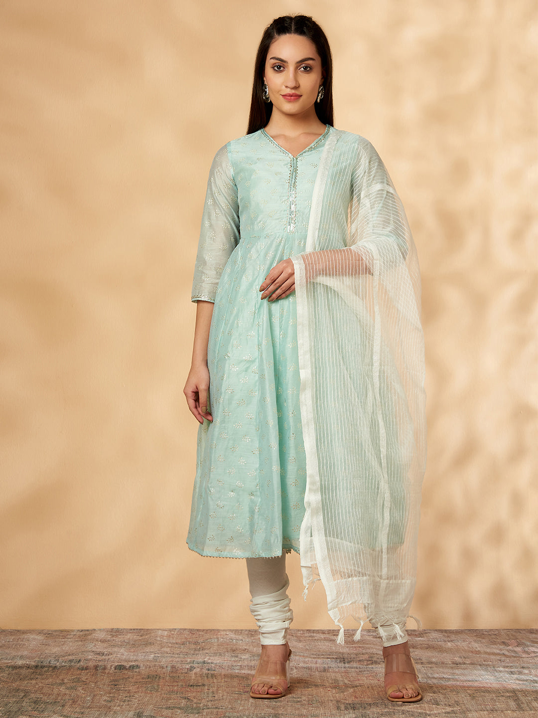 Green Printed Kalidar Kurta Set
