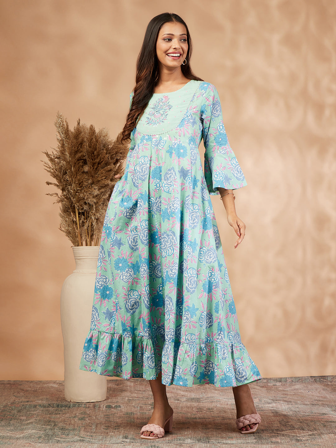 Mint Floral Print  Anarkali Dress