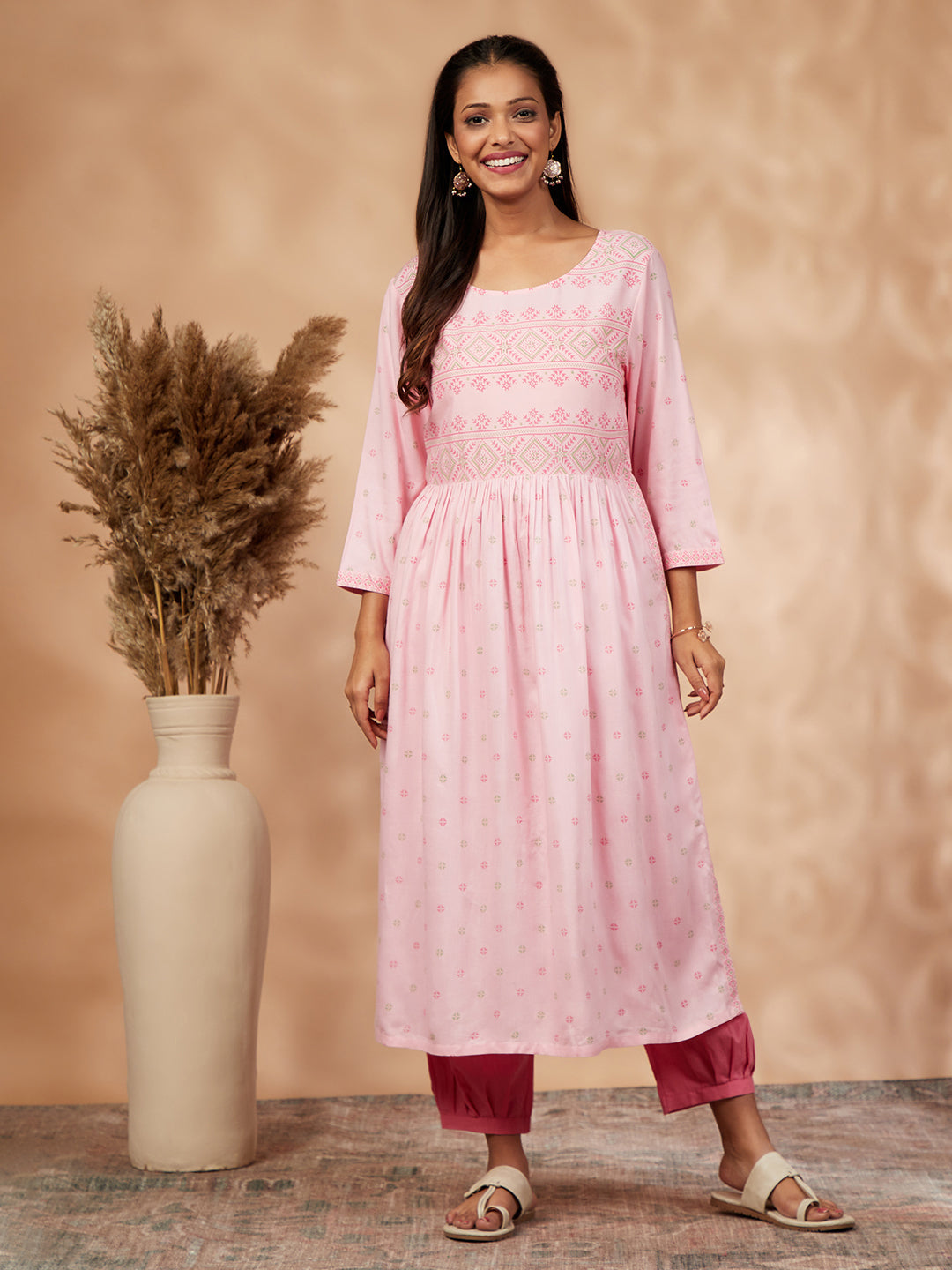 Light Pink Print  Gathered Kurta