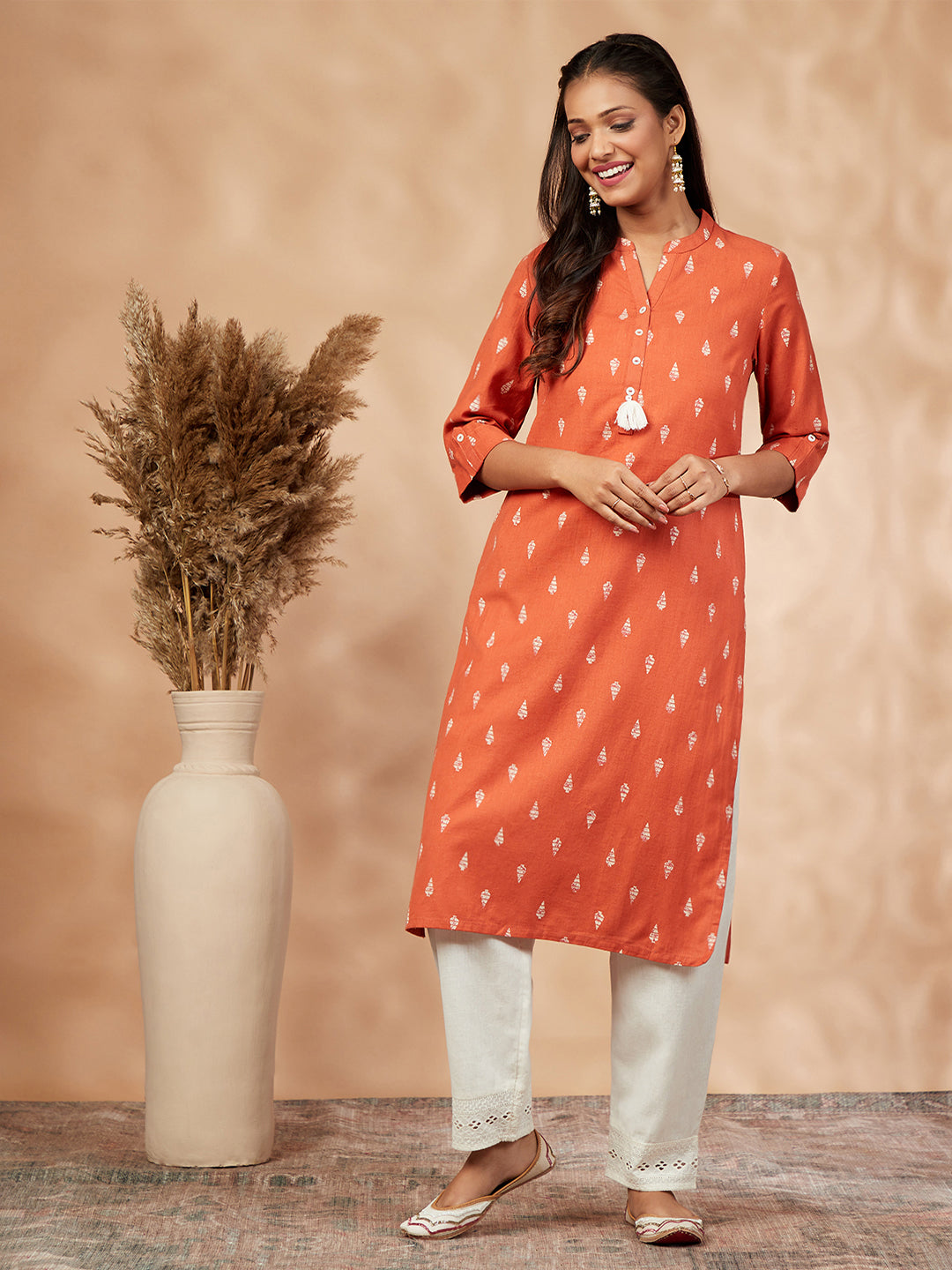 Printed Orange Straight Kurta