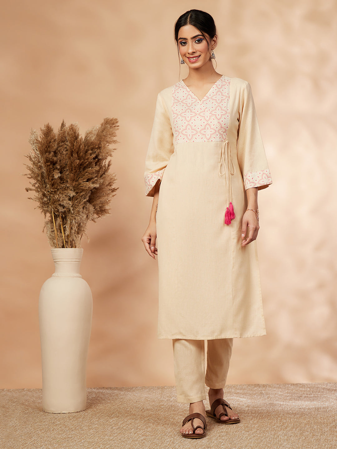 Beige Printed Straight Kurta Set