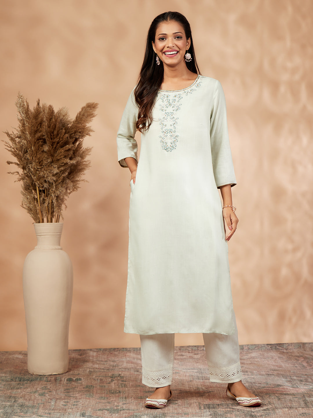 Light Green Solid Floral Straight Kurta