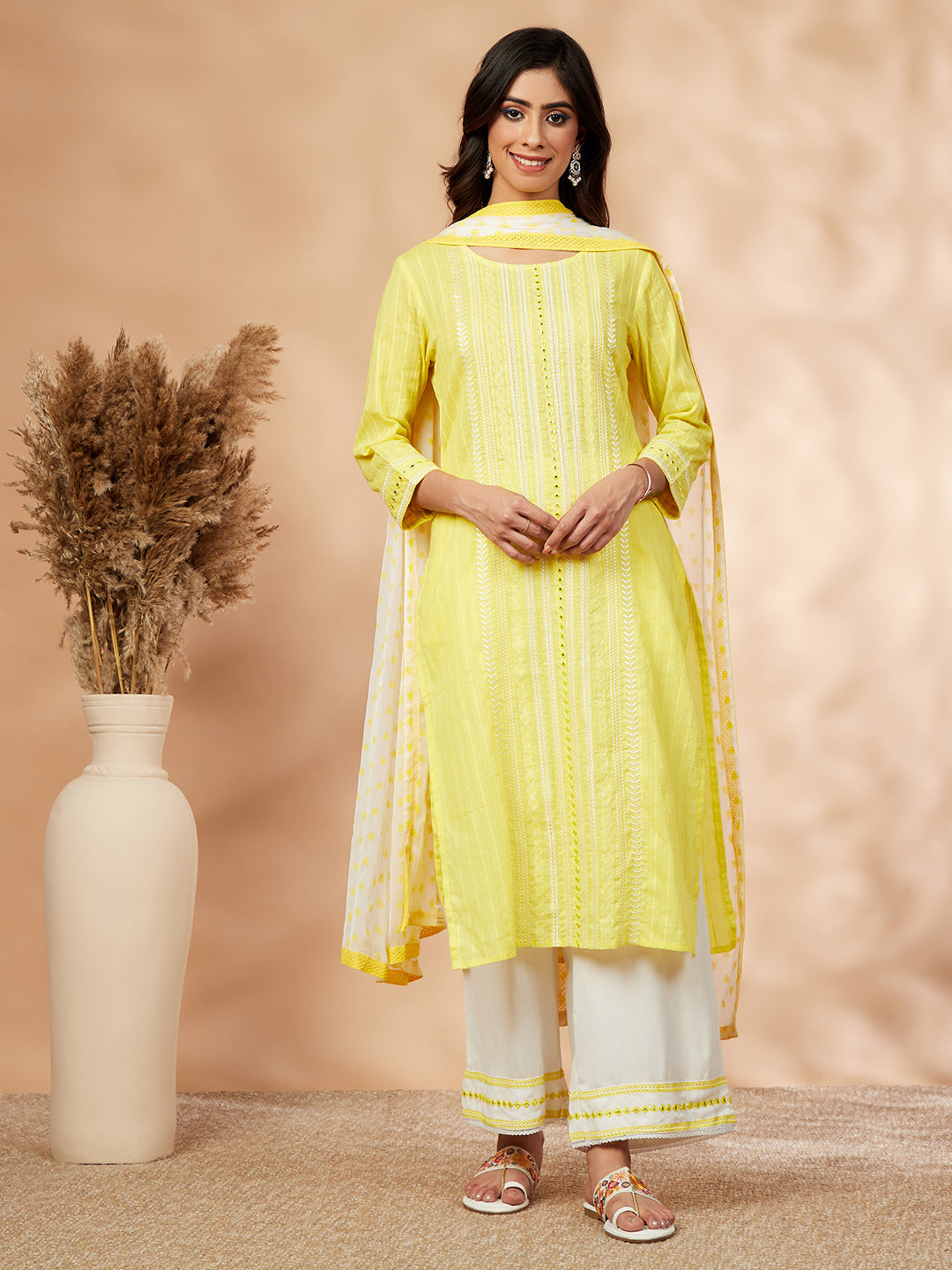 Yellow Embroidered Cotton Kurta Set