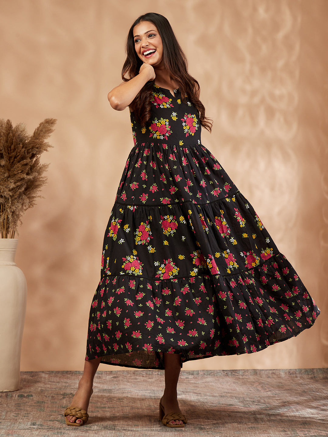 Black Printed Cotton Tiered Dress