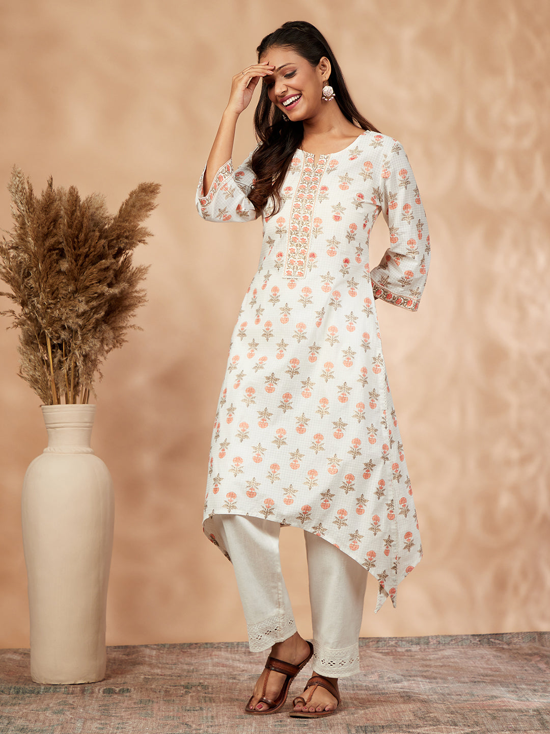 Orange Printed Pure Cotton Kurta