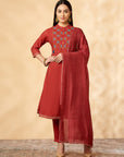 Red Floral Embroidered Kurta Set