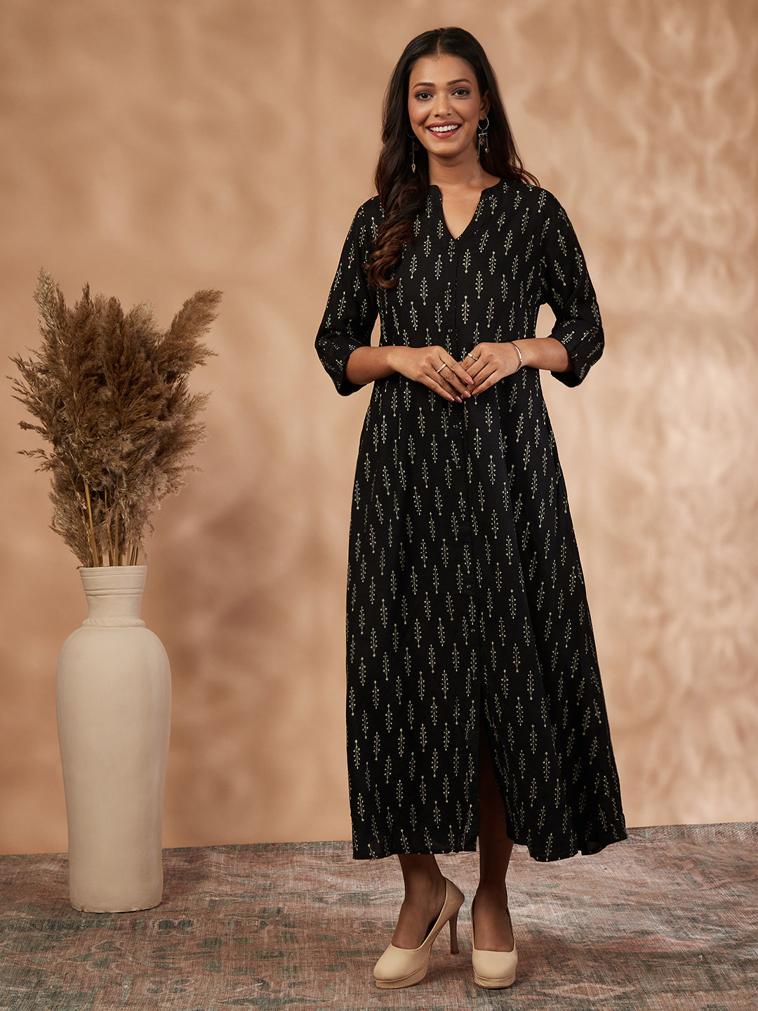 Black Printed A-Line Dress