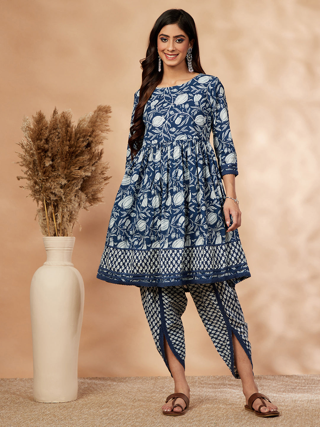 Indigo Printed Cotton Gathered Kurta-Dhoti Pant Set