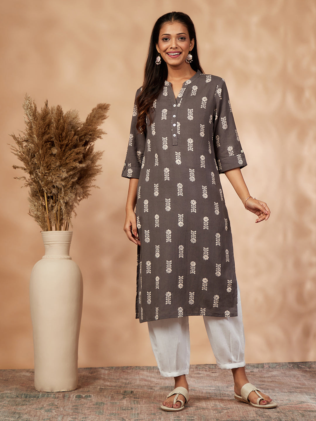 Printed Grey Straight Kurta