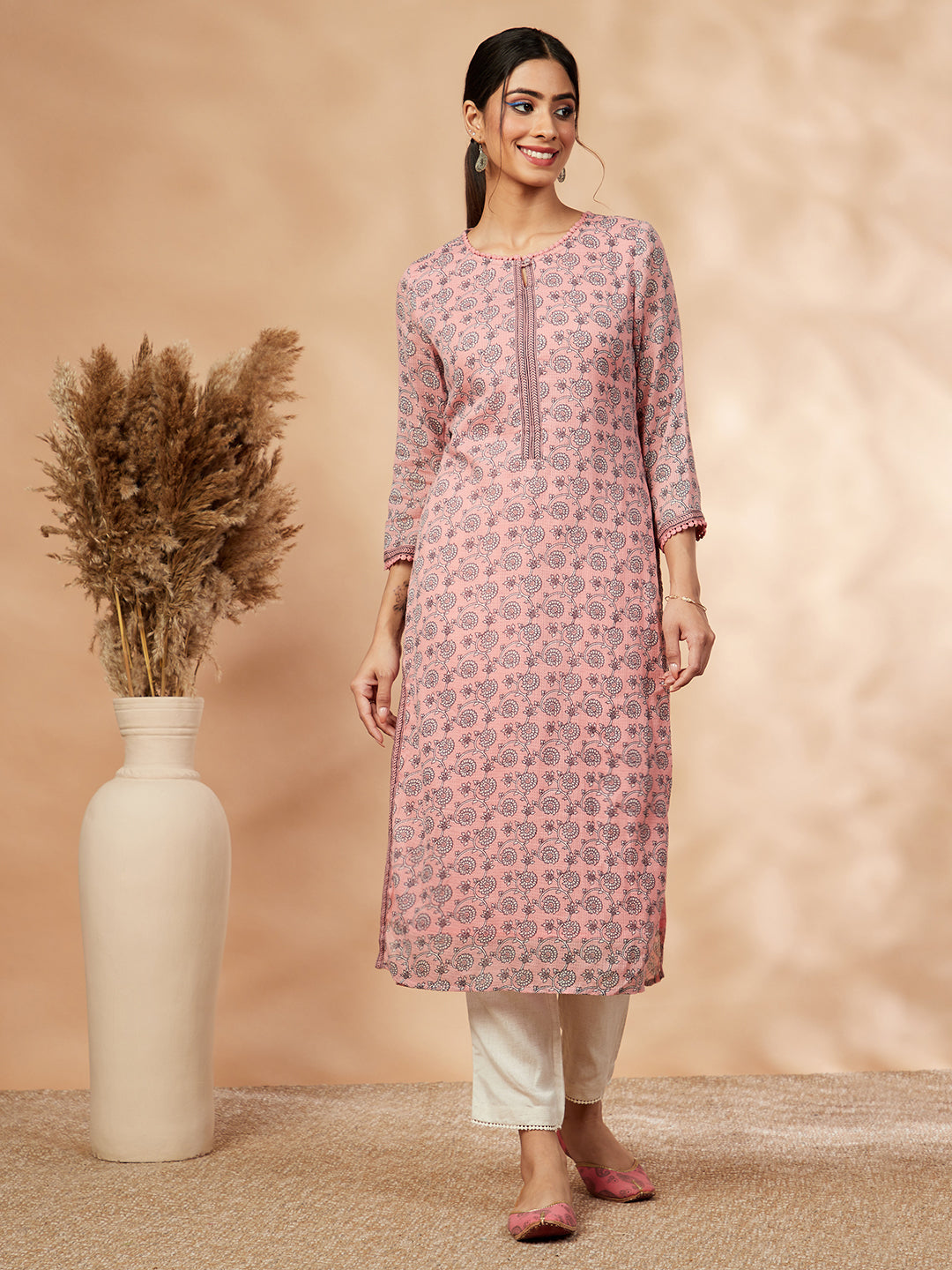 Light Pink Floral Print Straight Kurta