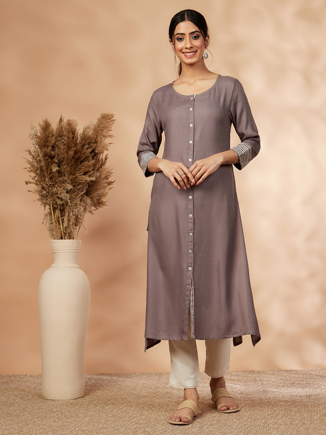 Solid Grey A-Line Kurta