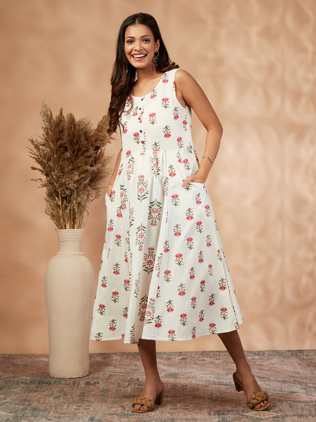 Off-White Floral Printed Gathered Dress